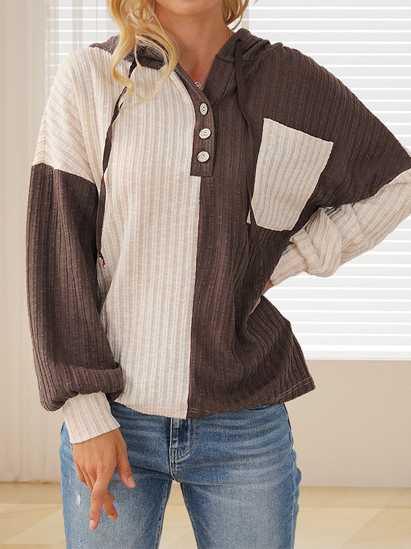 Hooded Long Sleeves Buttoned Contrast Color Pockets Split-Joint Hoodies Tops