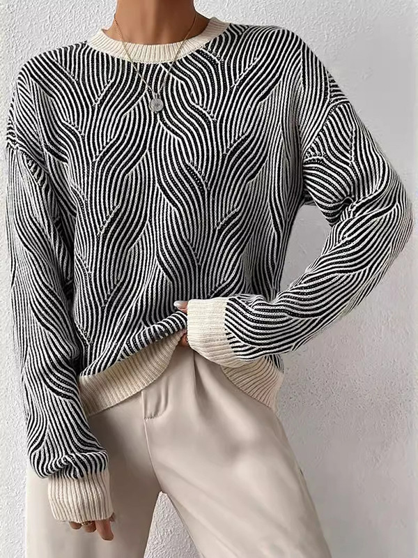 Long Sleeves Loose Contrast Color Split-Joint Striped Round-Neck Pullovers Sweater Tops