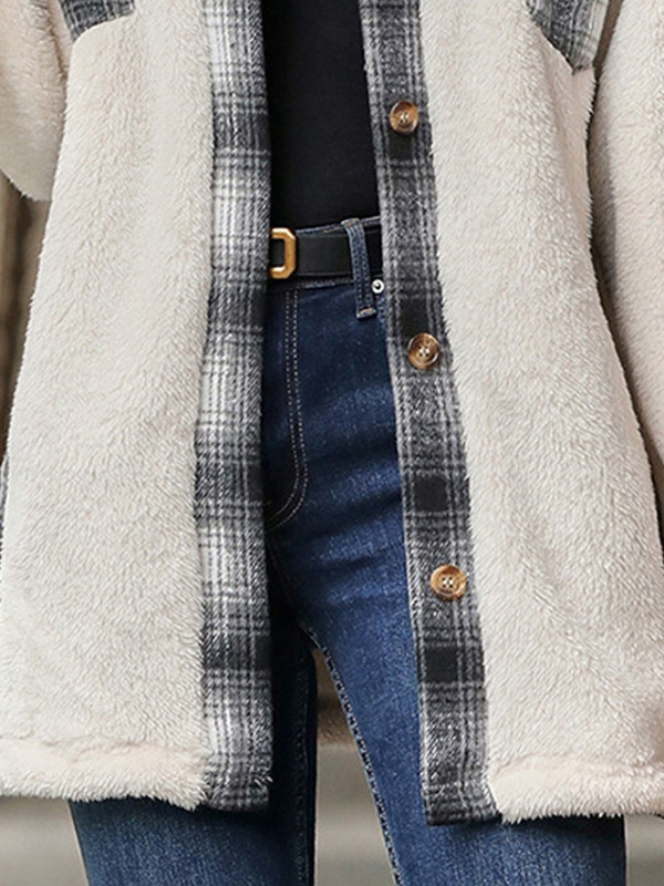 Long Sleeves Loose Buttoned Plaid Pockets Split-Joint Lapel Outerwear