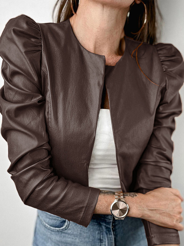 Long Sleeves Loose Pleated Solid Color Split-Joint Collarless Jackets Outerwear