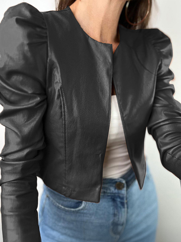 Long Sleeves Loose Pleated Solid Color Split-Joint Collarless Jackets Outerwear