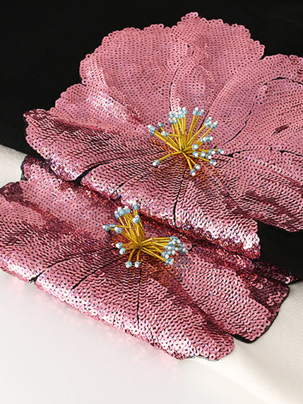 Long Sleeves Loose Embroidered Flower Print Sequined Split-Joint Round-Neck Pullovers Sweater Tops