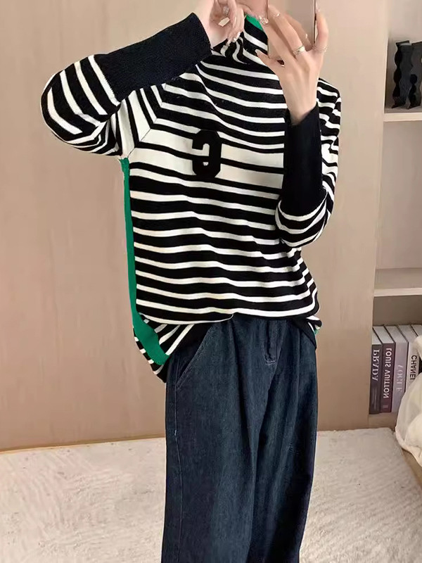 Long Sleeves Loose Contrast Color Knitted Letters Split-Joint Striped High Neck Pullovers Sweater Tops