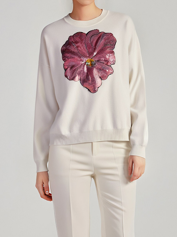 Long Sleeves Loose Embroidered Flower Print Sequined Split-Joint Round-Neck Pullovers Sweater Tops