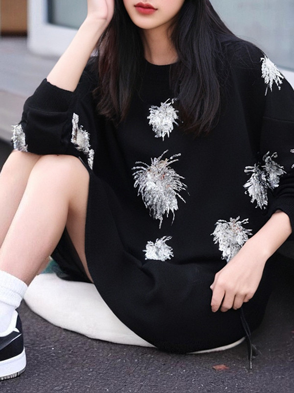 Long Sleeves Loose Sequined Round-Neck Pullovers Sweater Tops