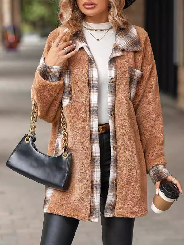 Long Sleeves Loose Buttoned Plaid Pockets Split-Joint Lapel Outerwear