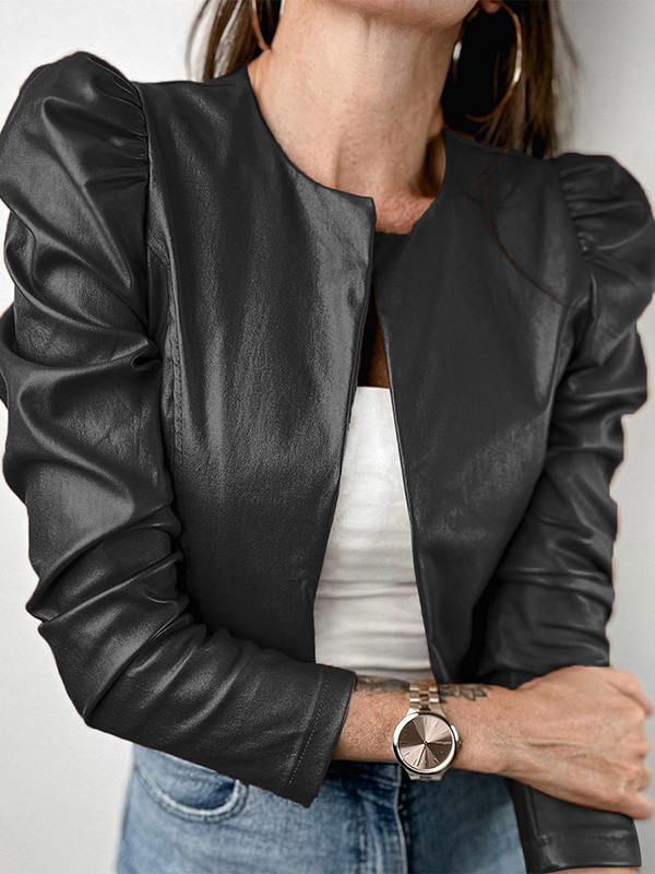 Long Sleeves Loose Pleated Solid Color Split-Joint Collarless Jackets Outerwear