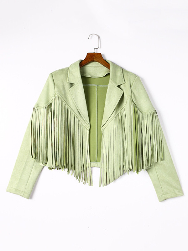 Batwing Sleeves Long Sleeves Solid Color Split-Joint Tasseled Notched Collar Jackets Outerwear
