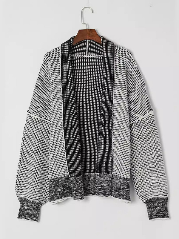 Long Sleeves Loose Contrast Color Split-Joint Collarless Cardigan Tops