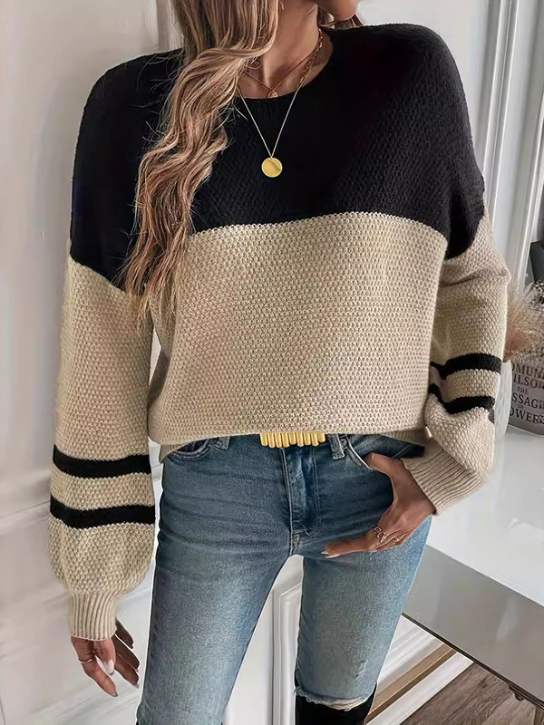 Long Sleeves Loose Contrast Color Split-Joint Round-Neck Pullovers Sweater Tops