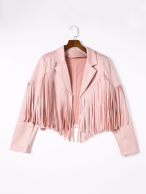Batwing Sleeves Long Sleeves Solid Color Split-Joint Tasseled Notched Collar Jackets Outerwear
