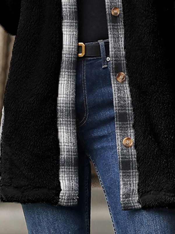 Long Sleeves Loose Buttoned Plaid Pockets Split-Joint Lapel Outerwear