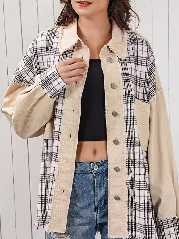 High-Low Long Sleeves Buttoned Fringed Plaid Pockets Split-Joint Lapel Outerwear