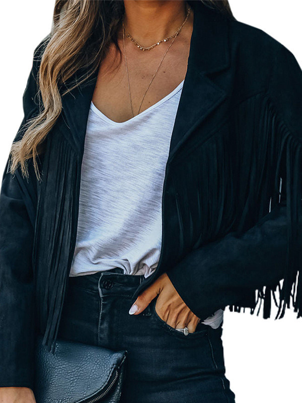 Batwing Sleeves Long Sleeves Solid Color Split-Joint Tasseled Notched Collar Jackets Outerwear