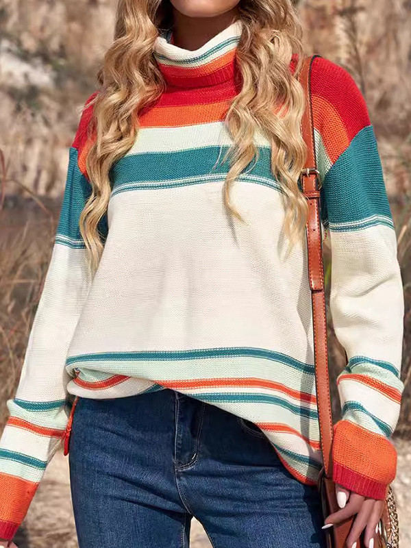 Long Sleeves Loose Split-Joint Split-Side Striped High Neck Pullovers Sweater Tops