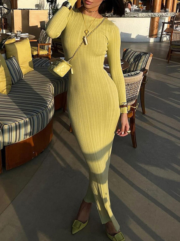 Bodycon Long Sleeves Pleated Solid Color Split-Joint Round-Neck Evening Dresses Maxi Dresses