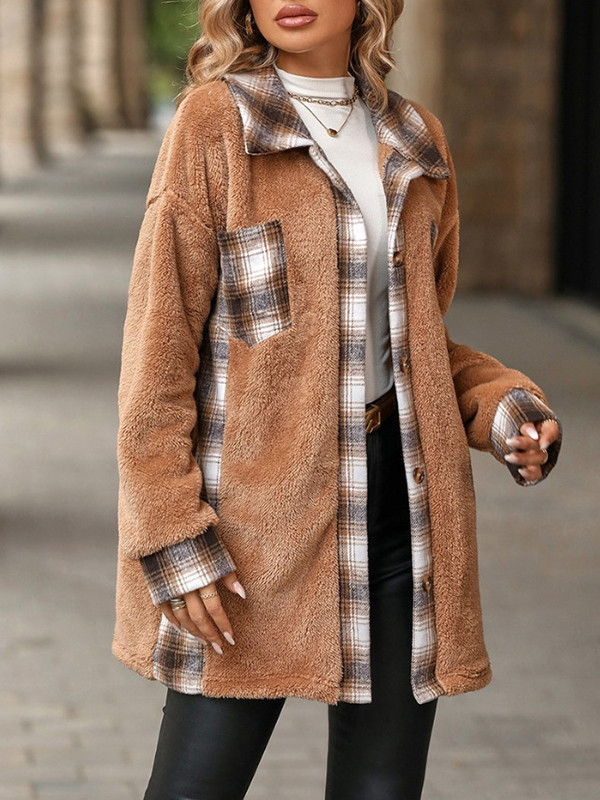 Long Sleeves Loose Buttoned Plaid Pockets Split-Joint Lapel Outerwear