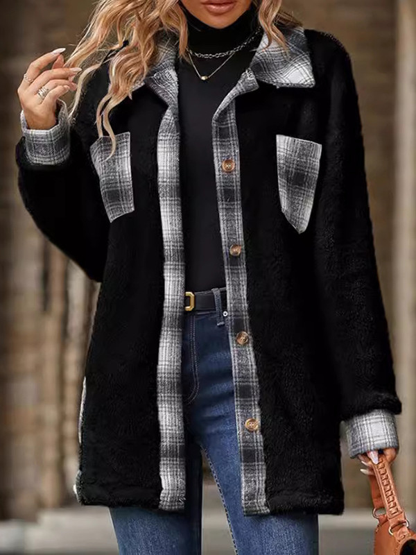 Long Sleeves Loose Buttoned Plaid Pockets Split-Joint Lapel Outerwear