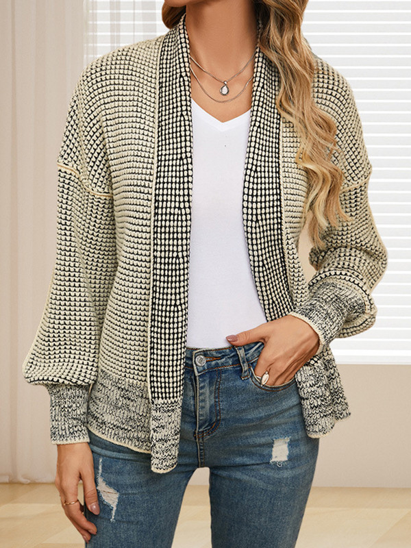 Long Sleeves Loose Contrast Color Split-Joint Collarless Cardigan Tops