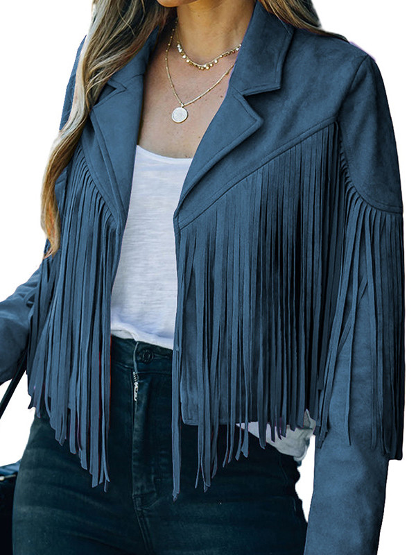 Batwing Sleeves Long Sleeves Solid Color Split-Joint Tasseled Notched Collar Jackets Outerwear