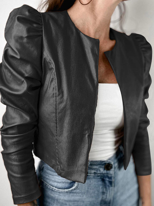 Long Sleeves Loose Pleated Solid Color Split-Joint Collarless Jackets Outerwear