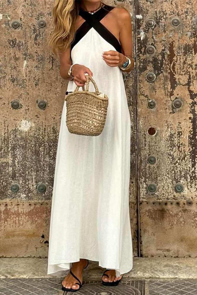 Sexy Solid Contrast V Neck Sling Dresses main image 1