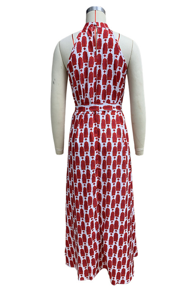 Vacation Elegant Geometric Print Lace Up Slit Contrast Halter Sleeveless Dresses
