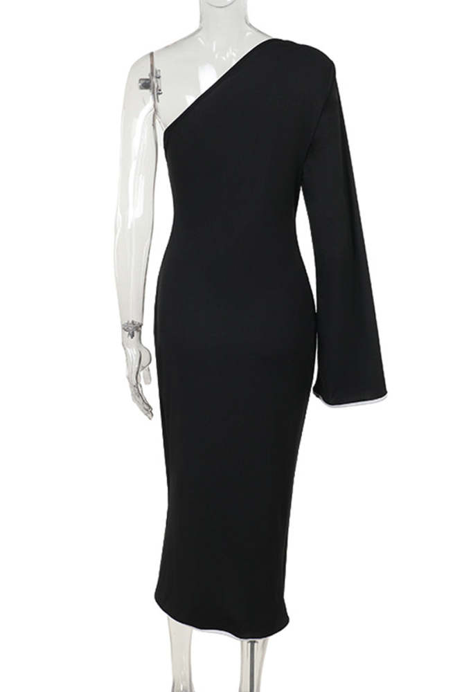 Elegant Patchwork Backless Strap Design Contrast Oblique Collar Dresses