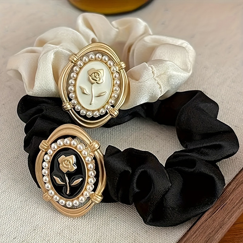 2Pcs Vintage Elegant Rose Flower Decor Scrunchies Set, Imitation Silk Cotton Seamless Hair Ties for Girls 14+, Solid Color Elastic Bands