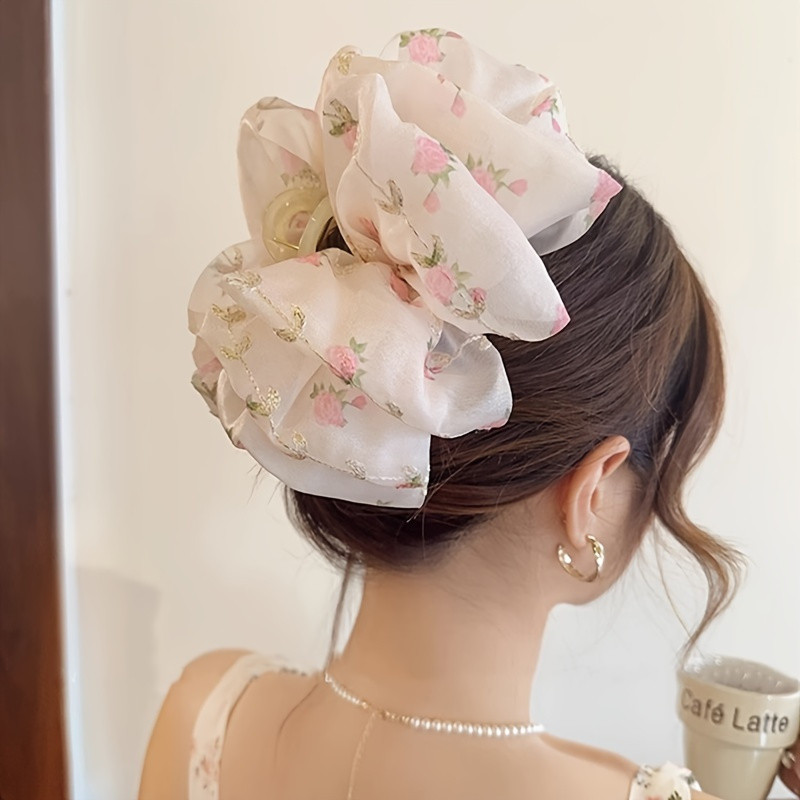 Luxurious Large Vintage Hair Claw Clip - Elegant Flower Mesh Bowknot Decorative Design, Ponytail Holder for Women, Daily Use, Easy to Wear, and Comfortable Hair Accessory