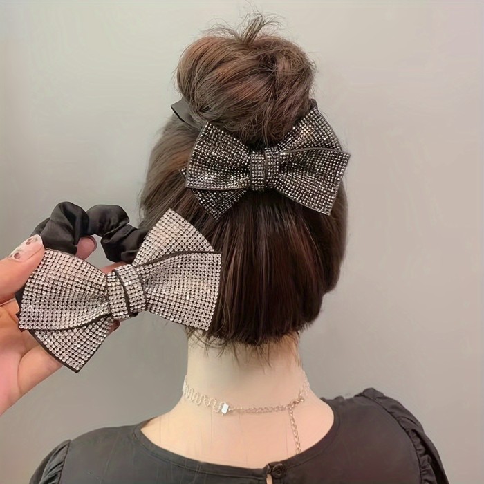 Vintage Elegant Fabric Hair Tie with Sparkling Rhinestone Bow - Elastic Scrunchie for Women, Unique Butterfly Knot Design, Perfect for Graduation and Special Occasions - Black, One Piece