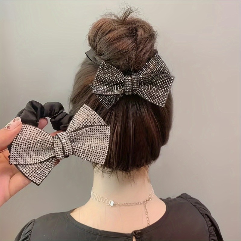 Vintage Elegant Fabric Hair Tie with Sparkling Rhinestone Bow - Elastic Scrunchie for Women, Unique Butterfly Knot Design, Perfect for Graduation and Special Occasions - Black, One Piece