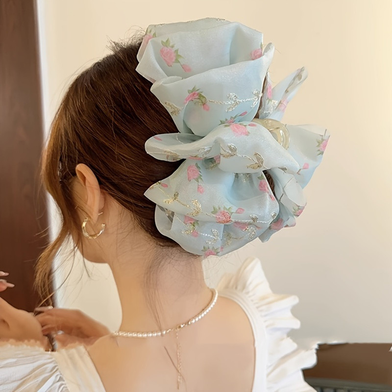 Luxurious Large Vintage Hair Claw Clip - Elegant Flower Mesh Bowknot Decorative Design, Ponytail Holder for Women, Daily Use, Easy to Wear, and Comfortable Hair Accessory