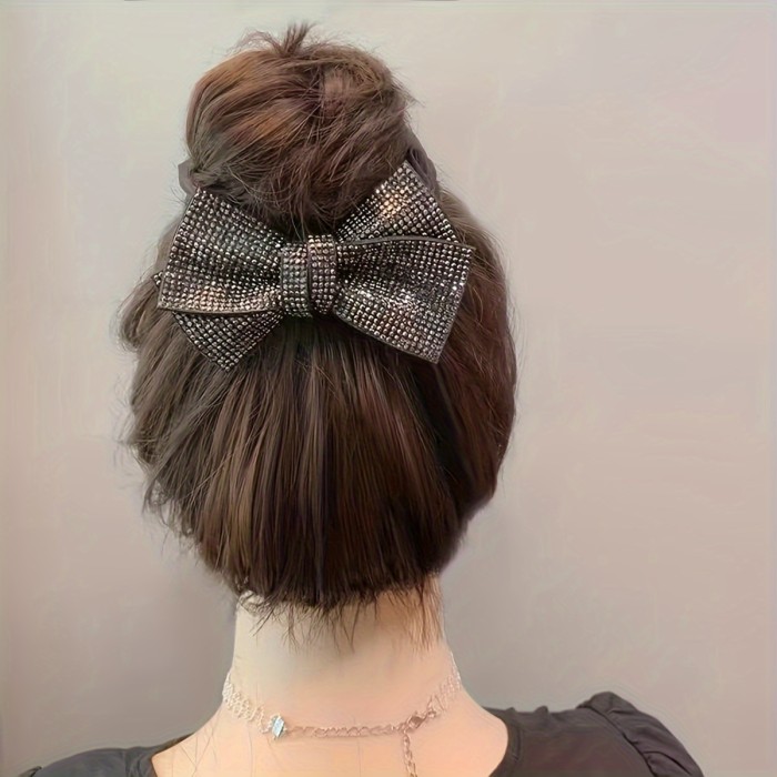 Vintage Elegant Fabric Hair Tie with Sparkling Rhinestone Bow - Elastic Scrunchie for Women, Unique Butterfly Knot Design, Perfect for Graduation and Special Occasions - Black, One Piece