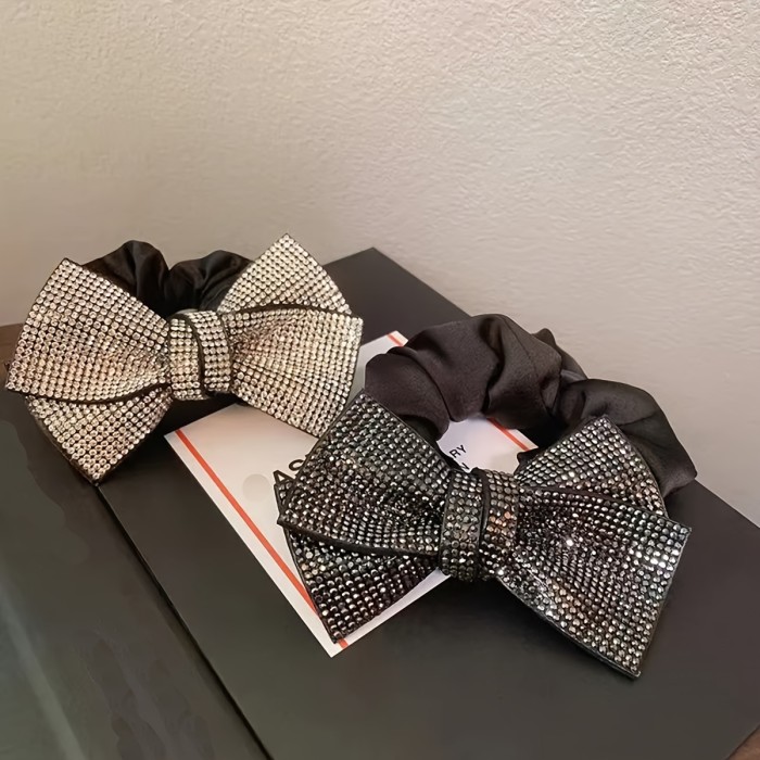 Vintage Elegant Fabric Hair Tie with Sparkling Rhinestone Bow - Elastic Scrunchie for Women, Unique Butterfly Knot Design, Perfect for Graduation and Special Occasions - Black, One Piece