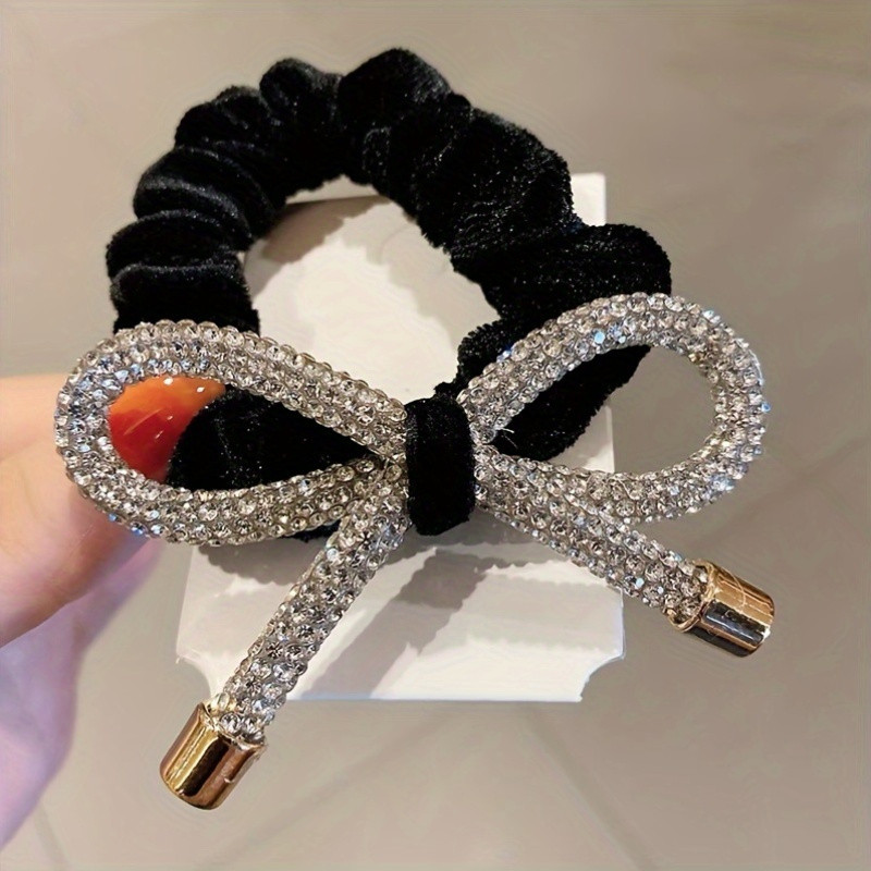 Vintage Style Elegant Velour Hair Tie with Sparkling Crystal Bow Design, Single Piece Women's Hair Ring for Valentine's Day, Solid Color, Appropriate for Ages 14+ - Luxurious Bowknot Hair Accessory with Rhinestones