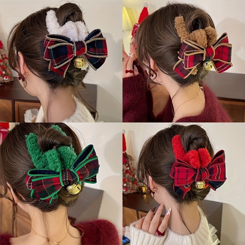 4pcs Christmas Hair Clips, Autumn\u002FWinter Bowknot Plush Grip Hair Claws, Stylish Christmas Hair Accessories, Medium Size, Fabric Material, for Updo & Bun Hairstyles