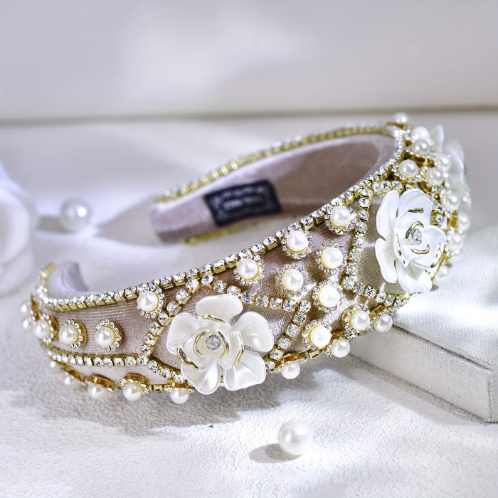 Elegant Iron Alloy Hairband with Imitation Pearls and Floral Design - Single Piece, Dress-Up Headband for Women, Valentine's Day Color Matched Festive Hair Accessory A250