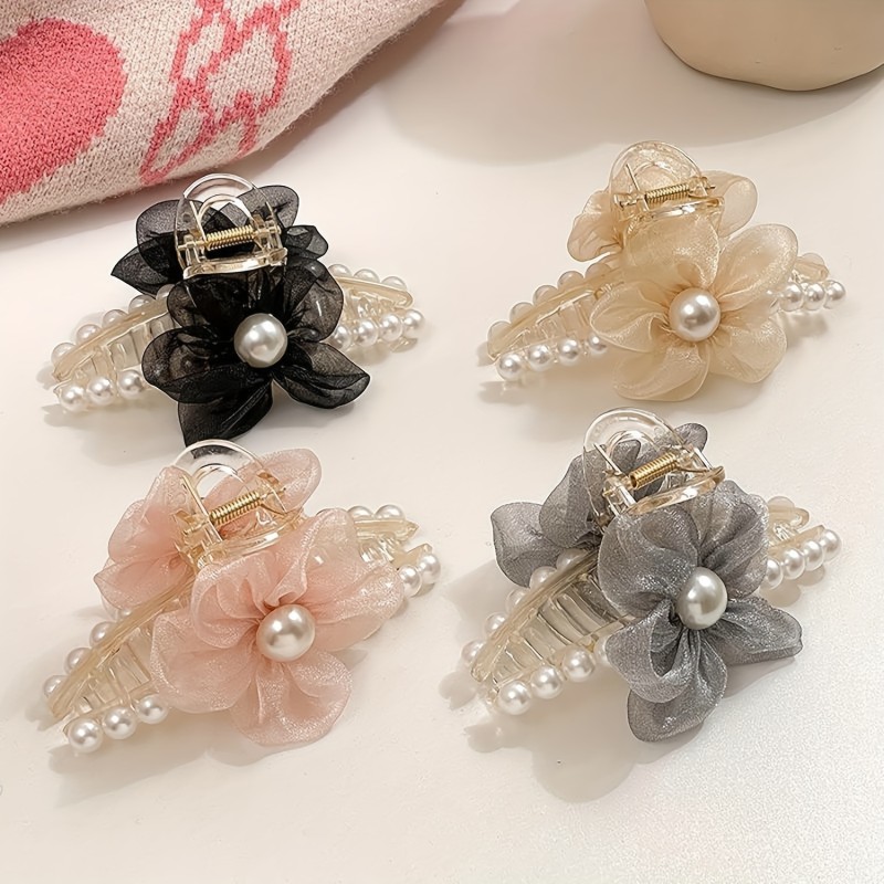 4 Pcs Faux Pearl Hair Claw Clips With Flower Decor For Women, Hair Barrette Clamps For Thick Thin Hair, Fashion Hair Accessories Headwear Styling Tools