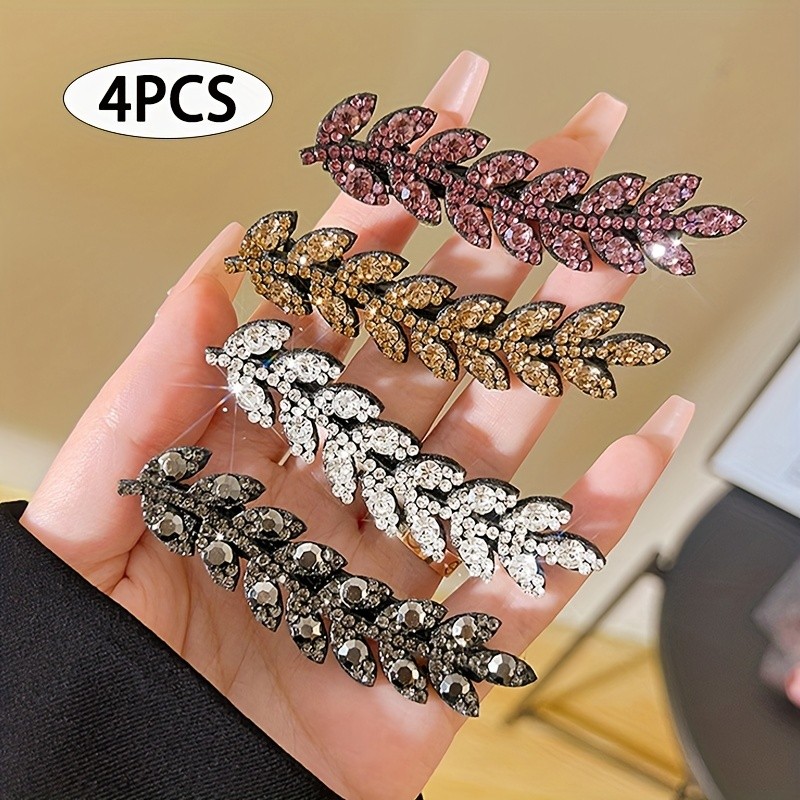 4PCS Vintage Elegant Rhinestone Wheat Sheaf Hair Clips Set, Alloy Leaf-Shaped Barrettes for Women, Solid Color Duckbill Side Clip for Hair Management, Suitable for Ages 14+