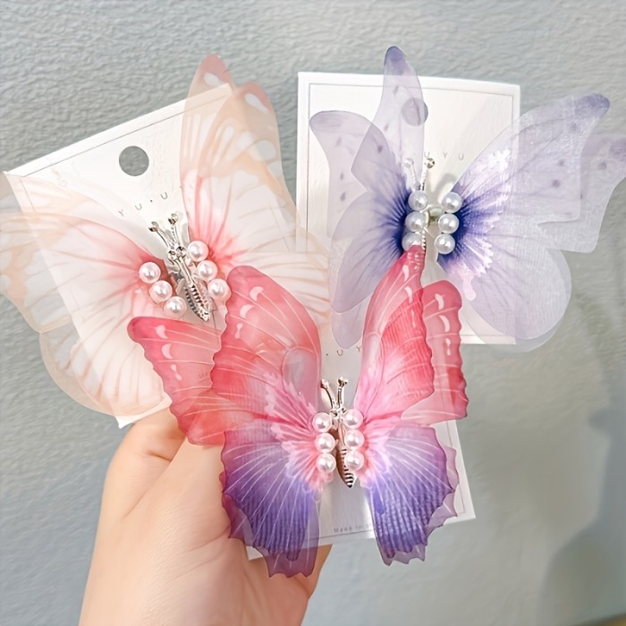 3pcs Enchanting Butterfly Hair Clips Set with Faux Pearls & Alloy Bowknots - Cute, Sparkling Barrettes for Girls - Perfect for Casual Attire & Special Occasions