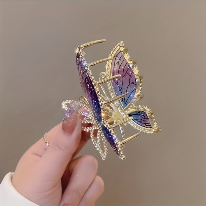 Butterfly Hair Claw Clip Bright Rhinestone Metal Shark Clip Elegant Back Head Strong Grab Clip Hair Styling Accessories