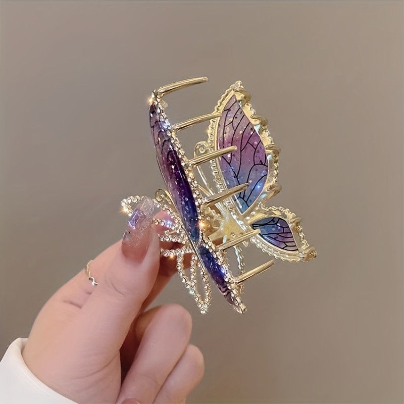 Butterfly Hair Claw Clip Bright Rhinestone Metal Shark Clip Elegant Back Head Strong Grab Clip Hair Styling Accessories