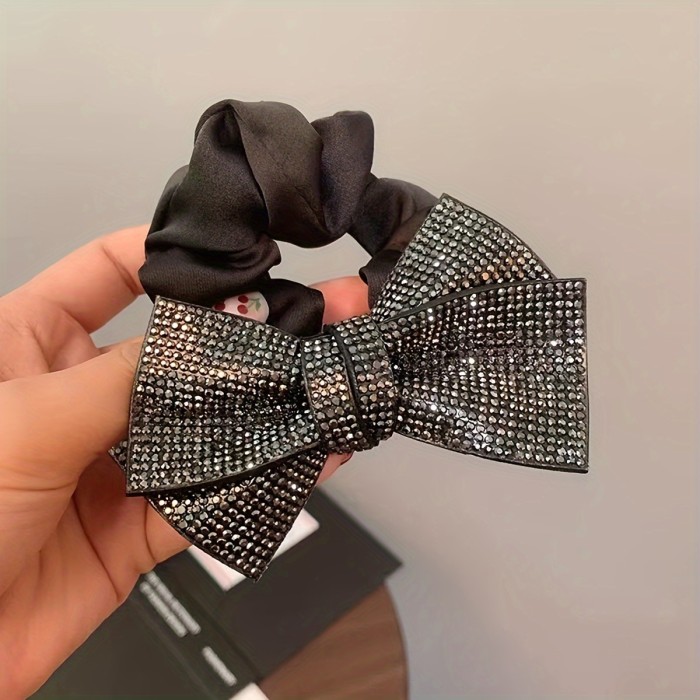 Vintage Elegant Fabric Hair Tie with Sparkling Rhinestone Bow - Elastic Scrunchie for Women, Unique Butterfly Knot Design, Perfect for Graduation and Special Occasions - Black, One Piece