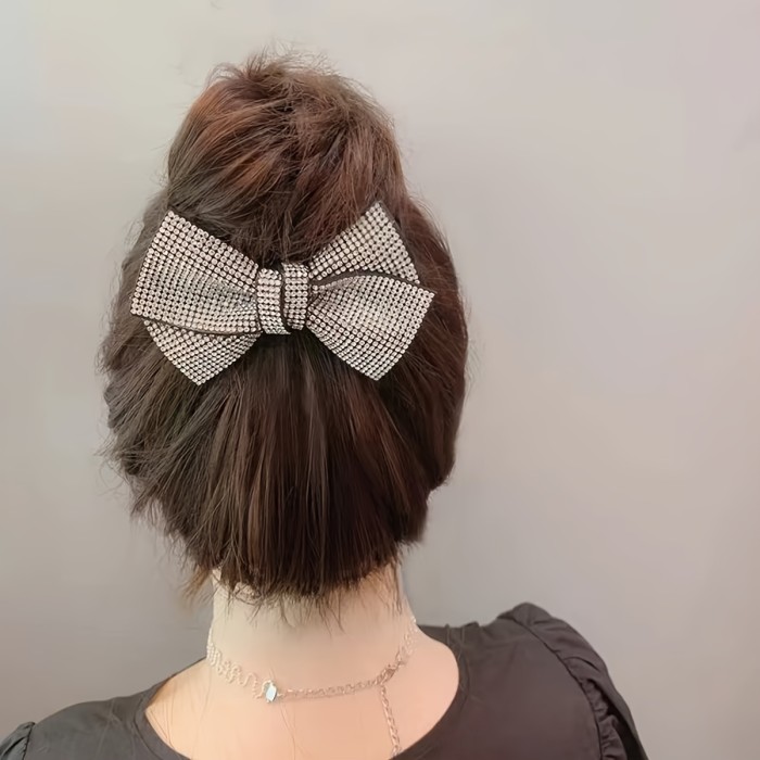 Vintage Elegant Fabric Hair Tie with Sparkling Rhinestone Bow - Elastic Scrunchie for Women, Unique Butterfly Knot Design, Perfect for Graduation and Special Occasions - Black, One Piece