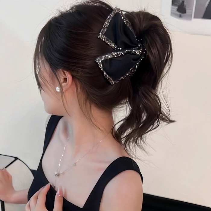 Elegant Vintage-Inspired Large Shark Clip Hair Claw - Chic Fabric Bowknot Design with Rhinestone Accents, Non-Slip Ponytail Holder for Women & Girls - Perfect for Thick Hair, Ideal for Parties & Daily Wear