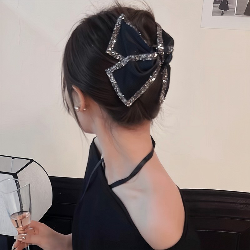 Elegant Vintage-Inspired Large Shark Clip Hair Claw - Chic Fabric Bowknot Design with Rhinestone Accents, Non-Slip Ponytail Holder for Women & Girls - Perfect for Thick Hair, Ideal for Parties & Daily Wear