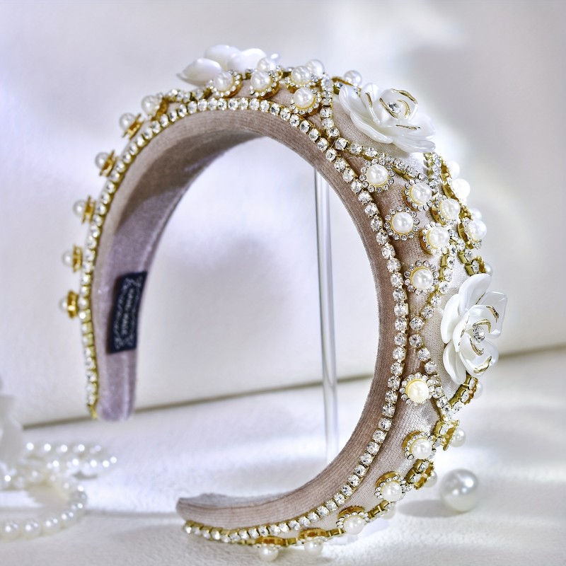 Elegant Iron Alloy Hairband with Imitation Pearls and Floral Design - Single Piece, Dress-Up Headband for Women, Valentine's Day Color Matched Festive Hair Accessory A250