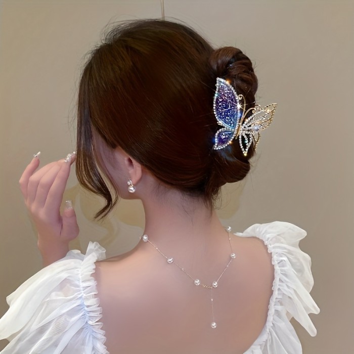 Butterfly Hair Claw Clip Bright Rhinestone Metal Shark Clip Elegant Back Head Strong Grab Clip Hair Styling Accessories