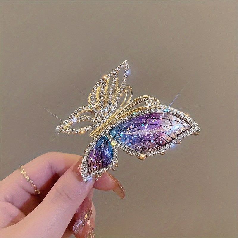 Butterfly Hair Claw Clip Bright Rhinestone Metal Shark Clip Elegant Back Head Strong Grab Clip Hair Styling Accessories